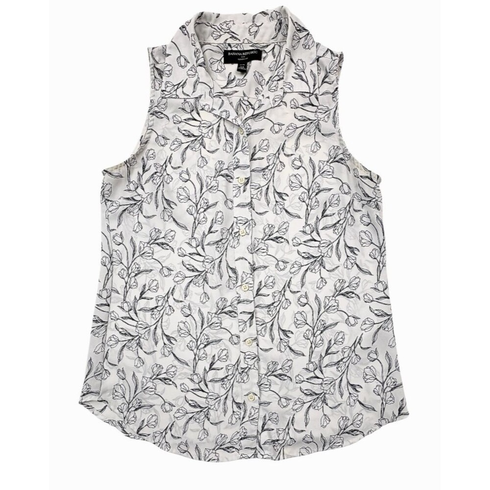 Banana Republic Floral Line Drawing Blouse XS Petite Black White Sleeveless